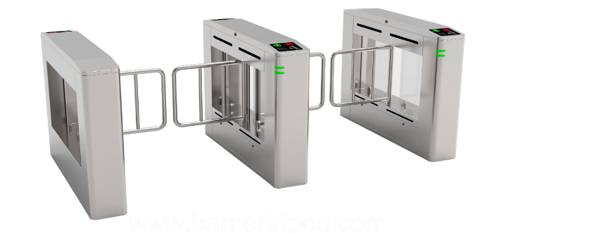Cổng Swing Barrier H322 bằng inox 304 cao cấp, lắp đặt tại tòa nhà văn phòng hiện đại