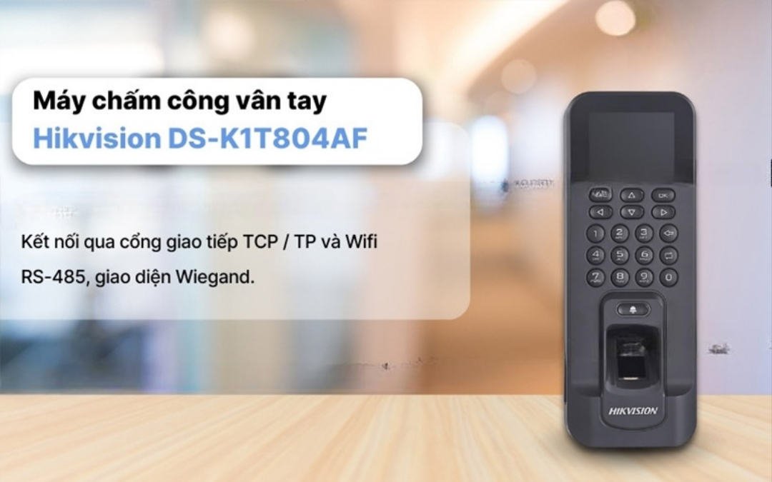 "Máy chấm công vân tay Hikvision DS-K1T804AF nhận diện nhanh, thiết kế hiện đại, kiểm soát ra vào chính xác." 