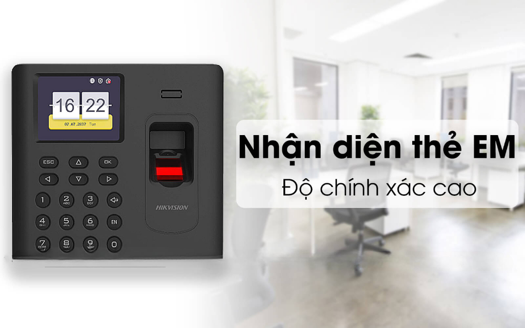 Máy Chấm Công Hikvision DS-K1A802AEF thiết kế nhỏ gọn, nhận dạng vân tay chính xác, dễ lắp đặt cho văn phòng, nhà xưởng. 