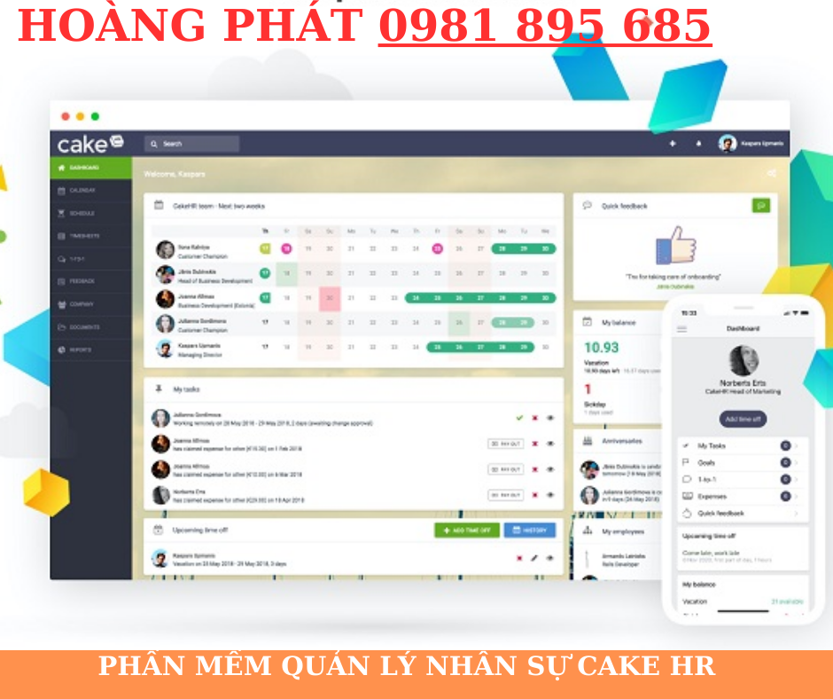 Phần mềm quản lý nhân sự Cake HR hỗ trợ doanh nghiệp số hóa quy trình nhân sự, từ chấm công, quản lý nghỉ phép đến đánh giá hiệu suất