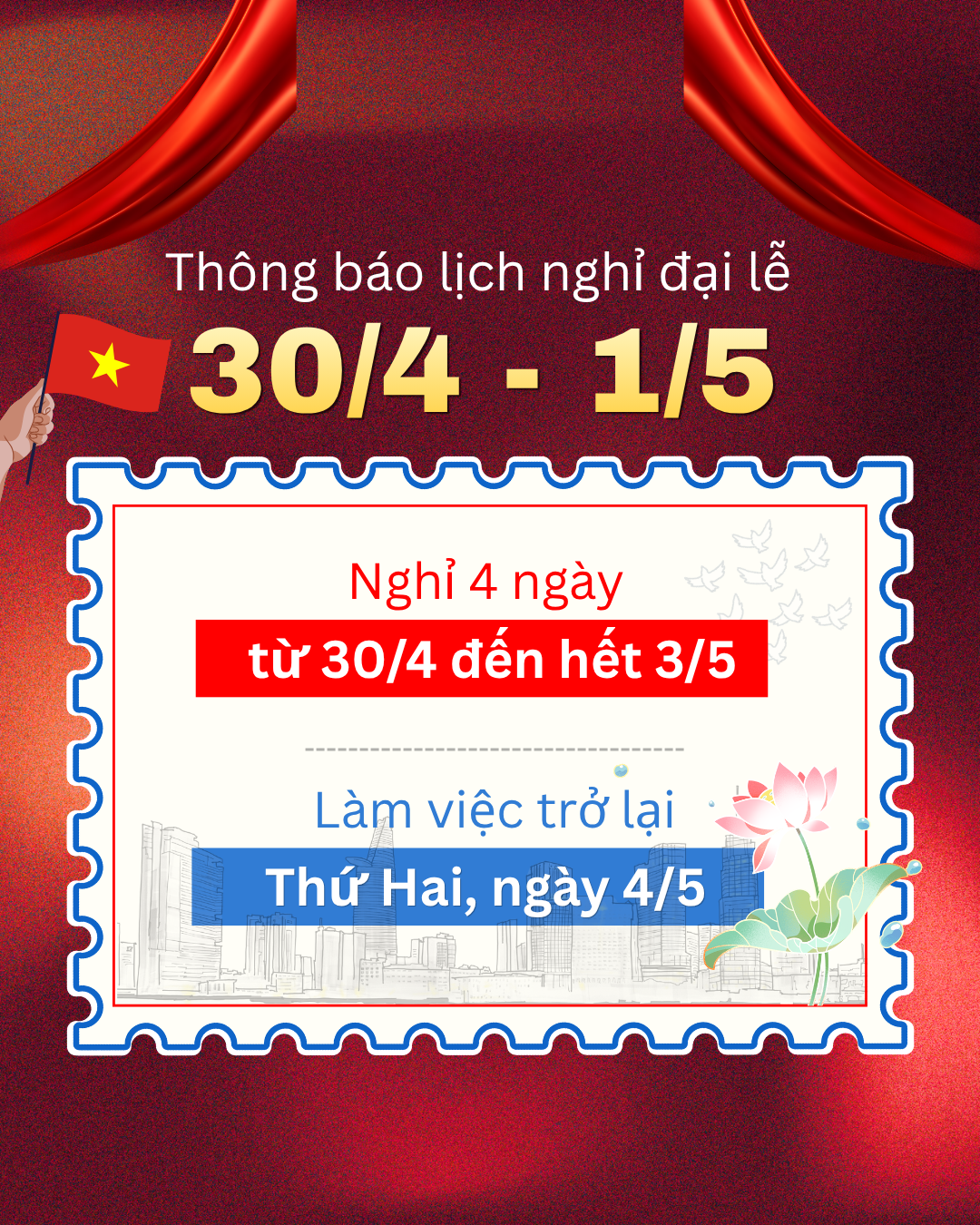 THÔNG BÁO NGHỈ LỄ GIẢI PHÓNG MIỀN NAM 30/4 VÀ QUỐC TẾ LAO ĐỘNG 1/5