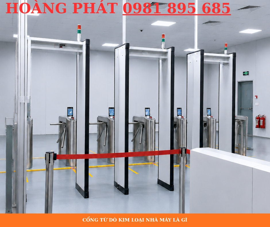 Hệ thống cổng từ dò kim loại cho nhà máy giúp kiểm soát công nhân ra vào và phát hiện vật dụng kim loại chính xác.
