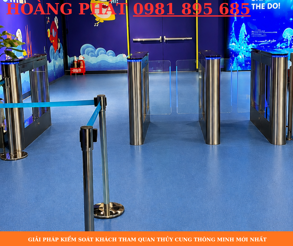 Hệ thống kiểm soát ra vào thủy cung sử dụng cổng xoay tự động, RFID và camera AI giúp kiểm soát khách nhanh chóng, chính xác.