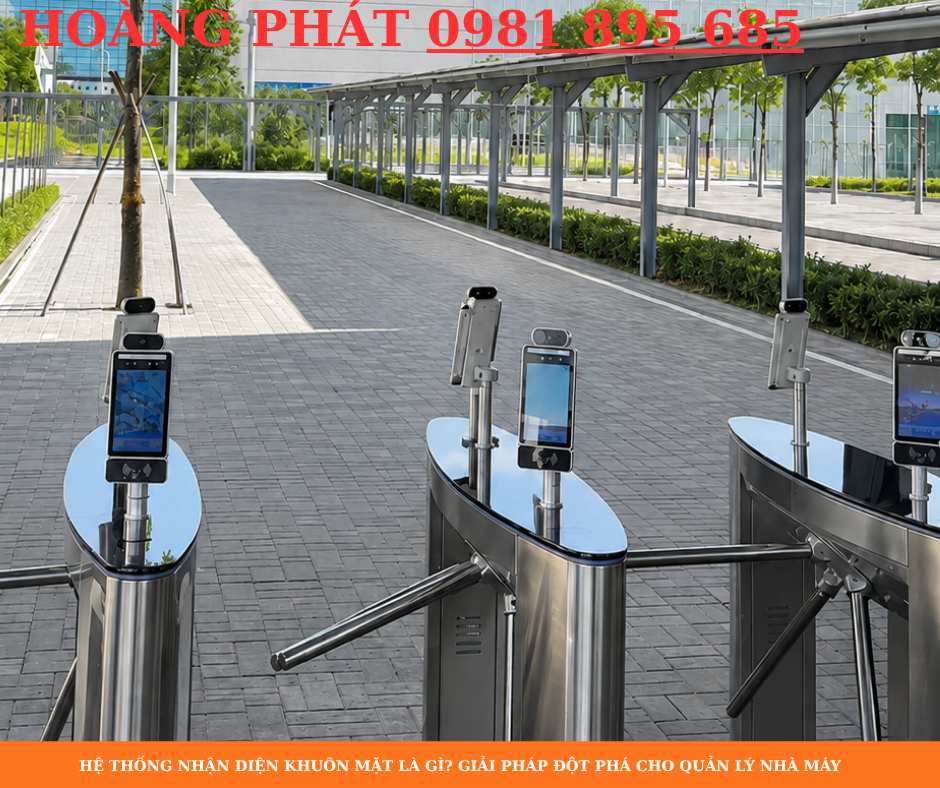 Hệ thống nhận diện khuôn mặt kiểm soát công nhân ra vào nhà máy tự động và chấm công chính xác.