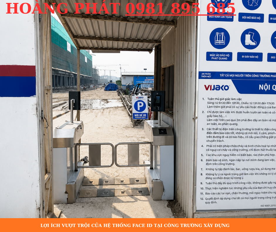 Hệ thống kiểm soát ra vào công trường bằng Face ID AI kết hợp cổng xoay tự động cho doanh nghiệp xây dựng.