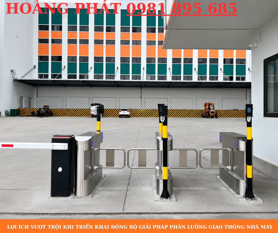 Giải pháp kiểm soát ra vào nhà máy với camera AI, cổng flap barrier và hệ thống phân luồng phương tiện hiệu quả.