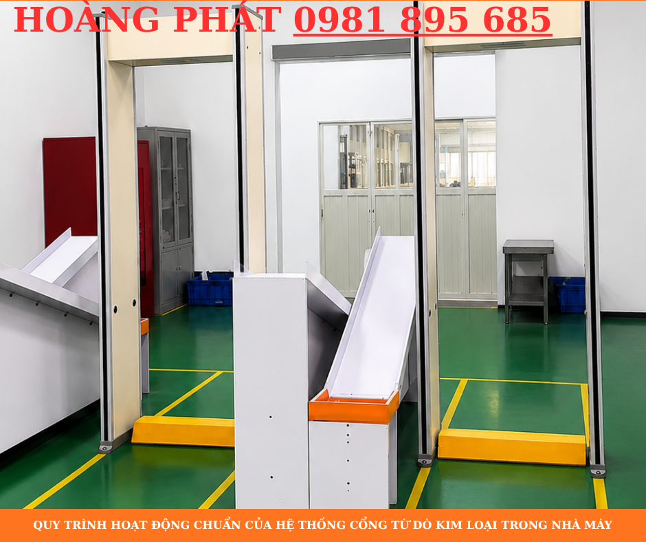 Cổng từ dò kim loại tích hợp phần mềm quản lý, camera AI và hệ thống kiểm soát ra vào cho nhà máy hiện đại, nâng cao hiệu quả quản lý.