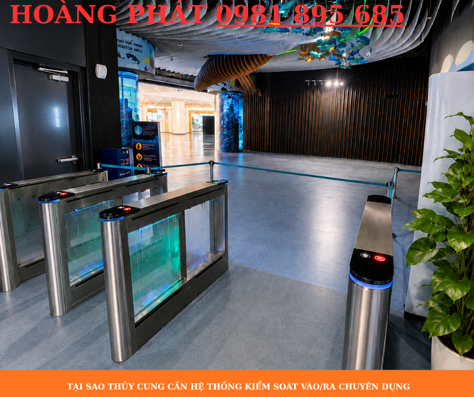 Giải pháp kiểm soát khách tham quan thủy cung bằng cổng Flap Barrier kết hợp vé QR Code và phần mềm quản lý thông minh.