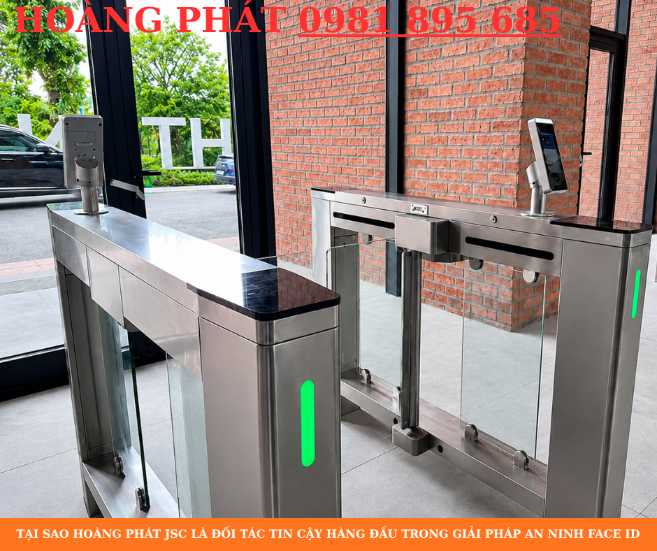 Công nghệ Face ID kết hợp cổng kiểm soát lối đi thông minh nâng cao an ninh và tối ưu quản lý ra vào tòa nhà.