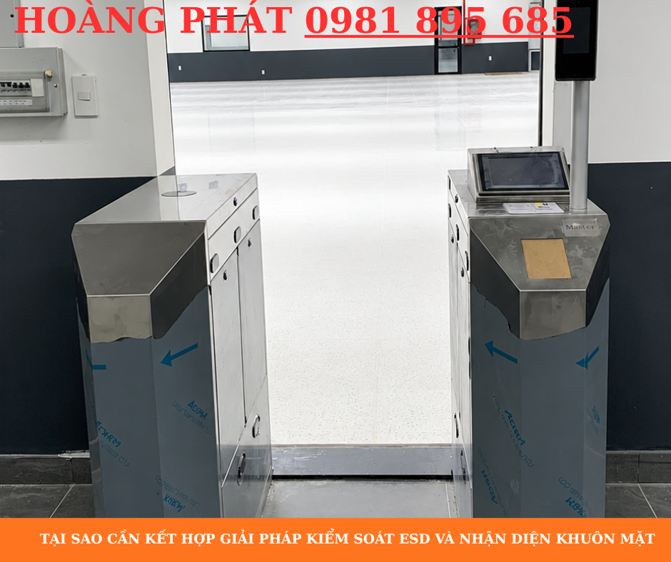 Hệ thống phân làn đo tĩnh điện ESD và nhận diện khuôn mặt cho công nhân nhà máy.