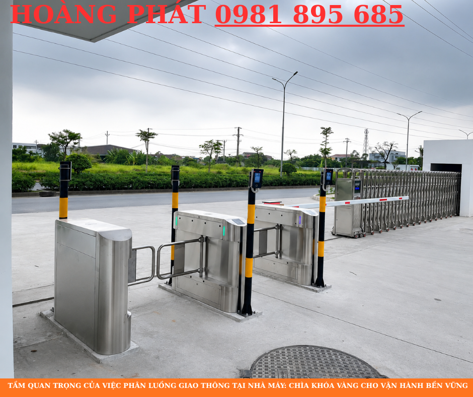 Giải pháp phân luồng xe máy và công nhân ra vào nhà máy bằng barrier tự động kết hợp cổng kiểm soát thông minh.